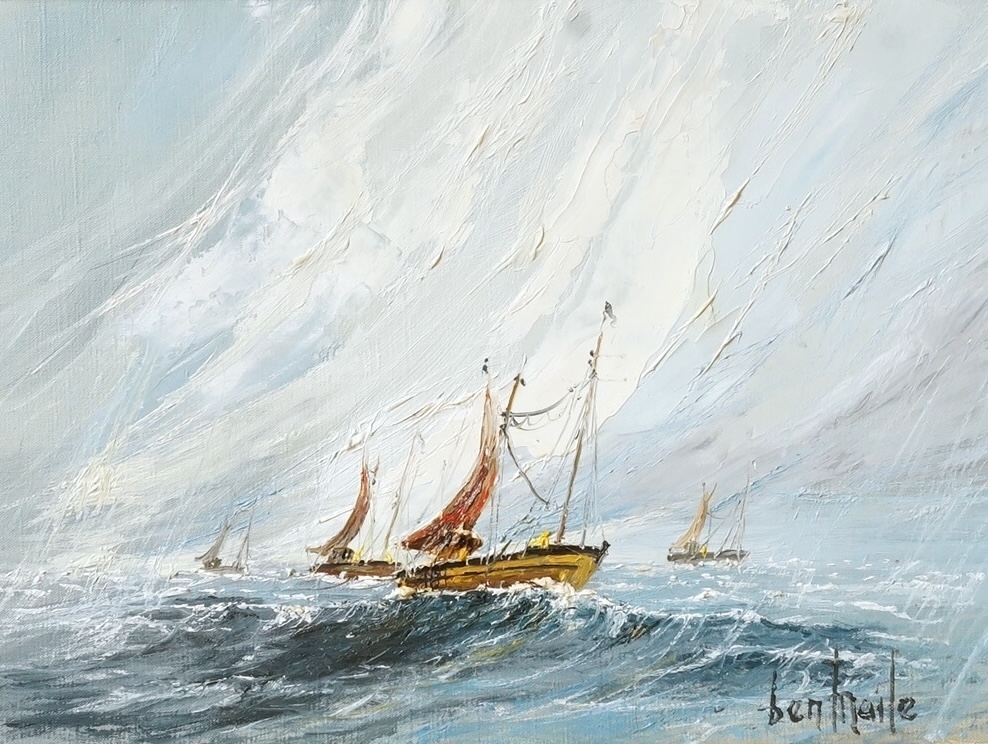 Ben Maile (1922-2017), Seascape with ships, signed, impasto oil on canvas, 30 x 39cm